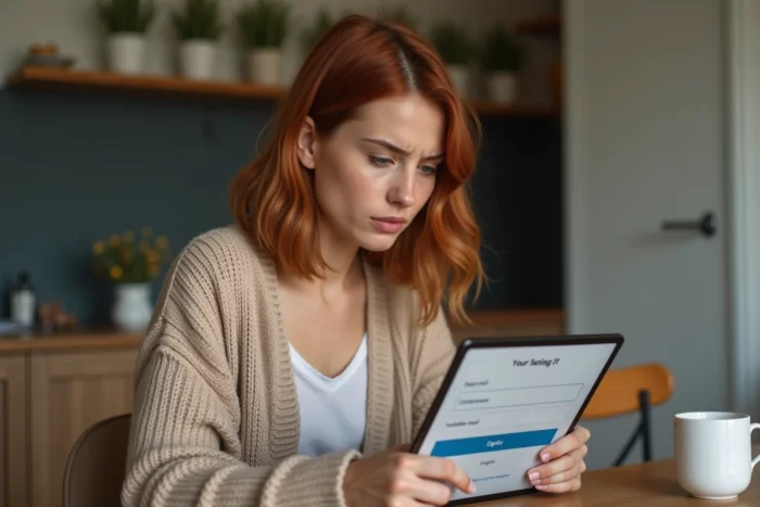Jeune femme accédant à la messagerie webmel Nancy-Metz depuis une tablette à domicile avec un problème de connexion