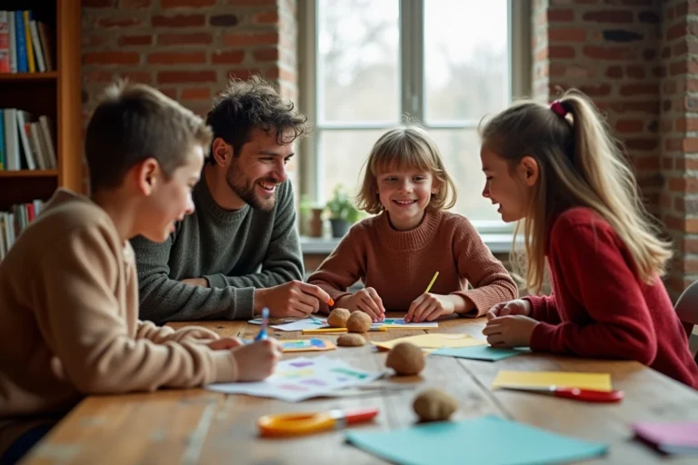 Famille réunie autour d'une table pour des activités créatives en intérieur toute saison