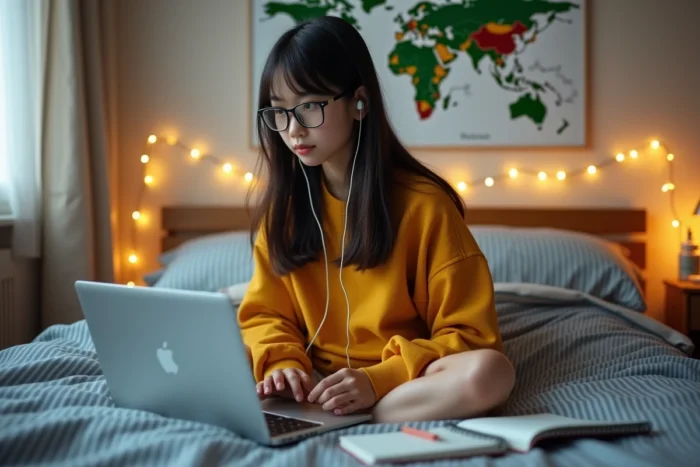 Adolescente suivant un cours de soutien scolaire en ligne depuis sa chambre avec un ordinateur portable et un cahier de notes