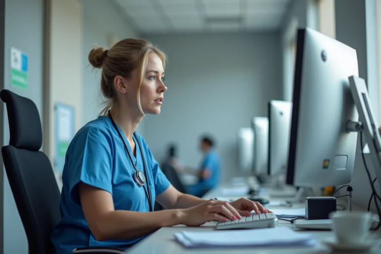 Agent hospitalier du CHU Toulouse connecté au portail Chronos sur un ordinateur de bureau dans un bureau administratif