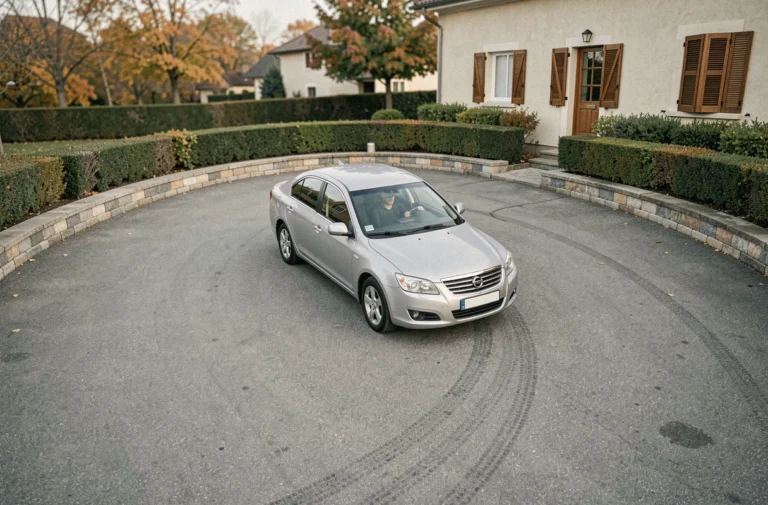 Vue aérienne d'une voiture effectuant un demi-tour sur une aire de retournement résidentielle en asphalte gris