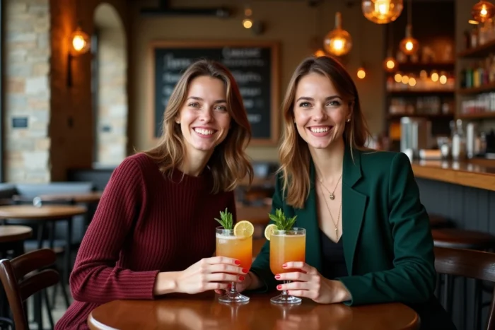 Deux amies savourant des cocktails colorés dans un bar tendance de Lille, ambiance chaleureuse et décontractée