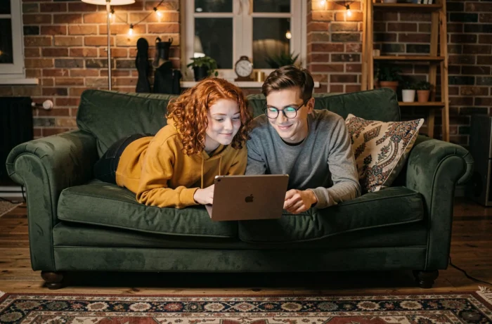 Deux amis regardant une série en streaming ensemble sur une tablette dans un appartement cosy