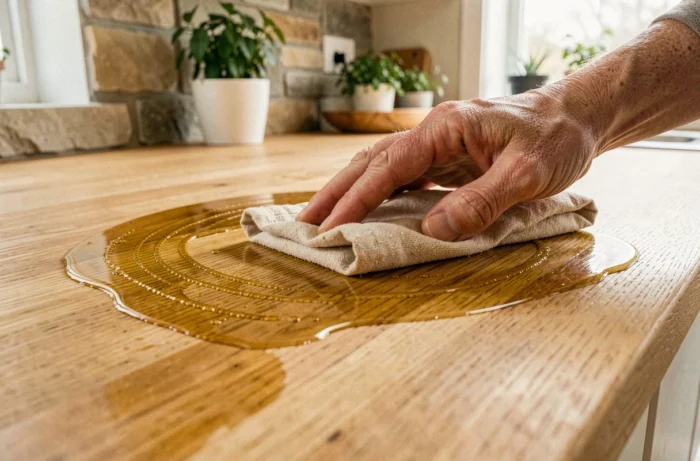 Application d'huile de lin sur un plan de travail en bois de chêne par une femme dans une cuisine scandinave