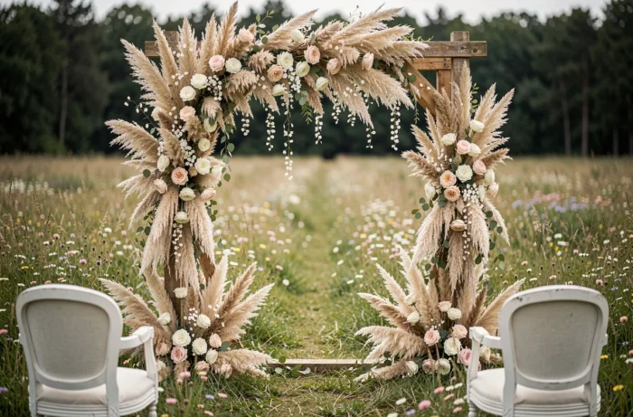 Arche de mariage fleurie avec roses et herbes de la pampa dans un pré sauvage romantique
