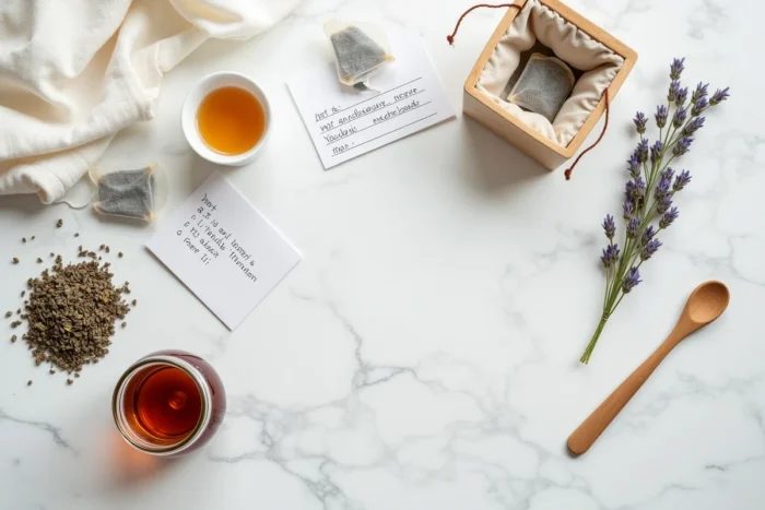 Flat lay créatif d'astuces pour recycler les sachets de thé usagés de manière écologique