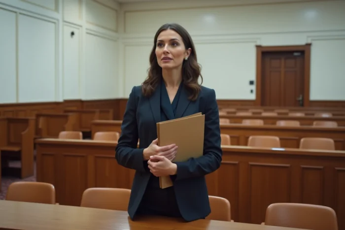 Avocate en costume navy dans une salle d'audience moderne tenant un dossier, représentant la procédure judiciaire de rejet ou déboutement