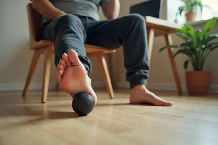 Homme utilisant une balle de massage sous le pied pour stimuler la circulation sanguine plantaire