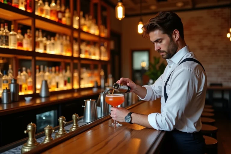 Barman préparant un cocktail dans un bar élégant de Lille avec comptoir en bois et bouteilles de spiritueux en arrière-plan