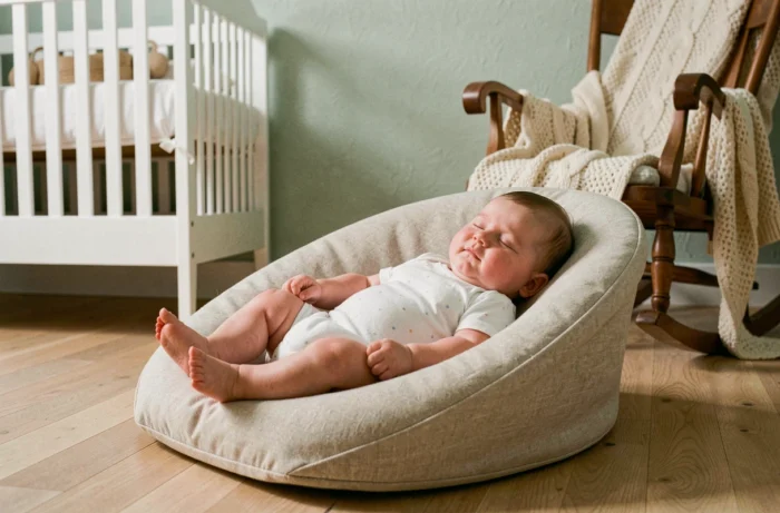 Bébé de quatre mois allongé dans un transat bas en tissu doux sur un plancher en bois clair dans une chambre d'enfant apaisante