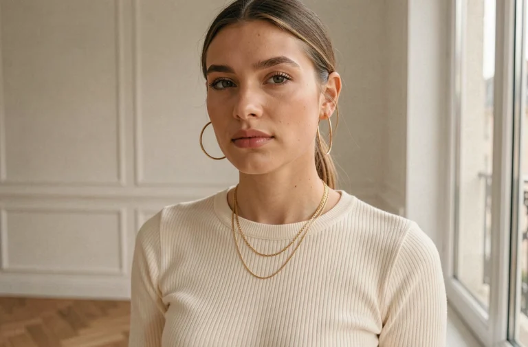 Femme portant des bijoux dorés tendance Etam, collier fin et boucles d'oreilles créoles, style parisien minimaliste