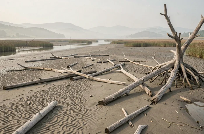 Bois flotté naturellement dispersé sur un estuaire à marée basse prêt à être ramassé