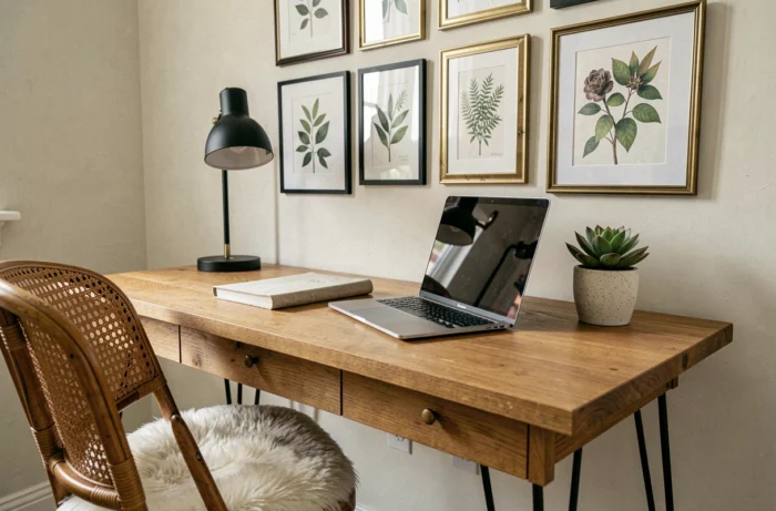 Espace bureau à domicile avec bureau en chêne massif, chaise en rotin et mur de cadres botaniques pour une décoration intérieure inspirante