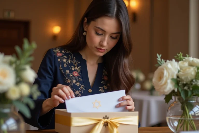 Femme élégante glissant une enveloppe cadeau dans une boîte décorée lors d'un mariage juif