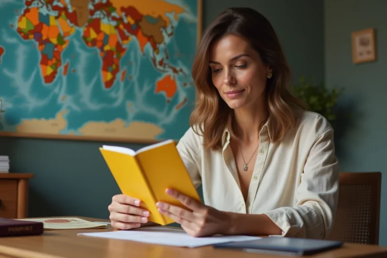 Femme consultant son carnet de vaccination international jaune avant un voyage tropical en 2025