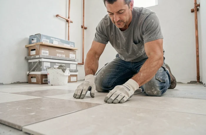 Artisan carreleur posant des carreaux céramiques dans une salle de bain en cours de construction