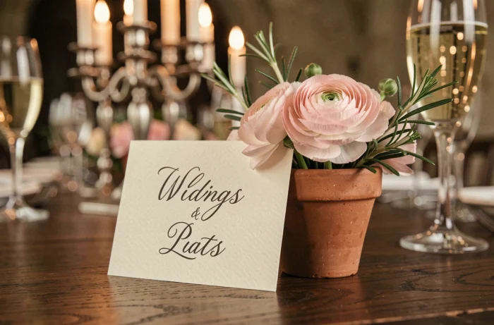 Carton de table de mariage manuscrit et petite composition florale romantique sur table en noyer dans un château