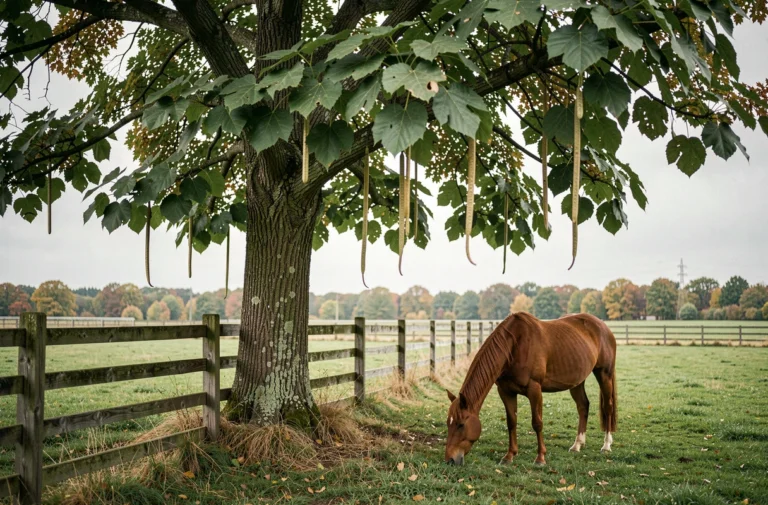 Cheval brun paissant près d'un catalpa aux longues gousses dans un pré clôturé, illustration du risque de toxicité pour les équidés