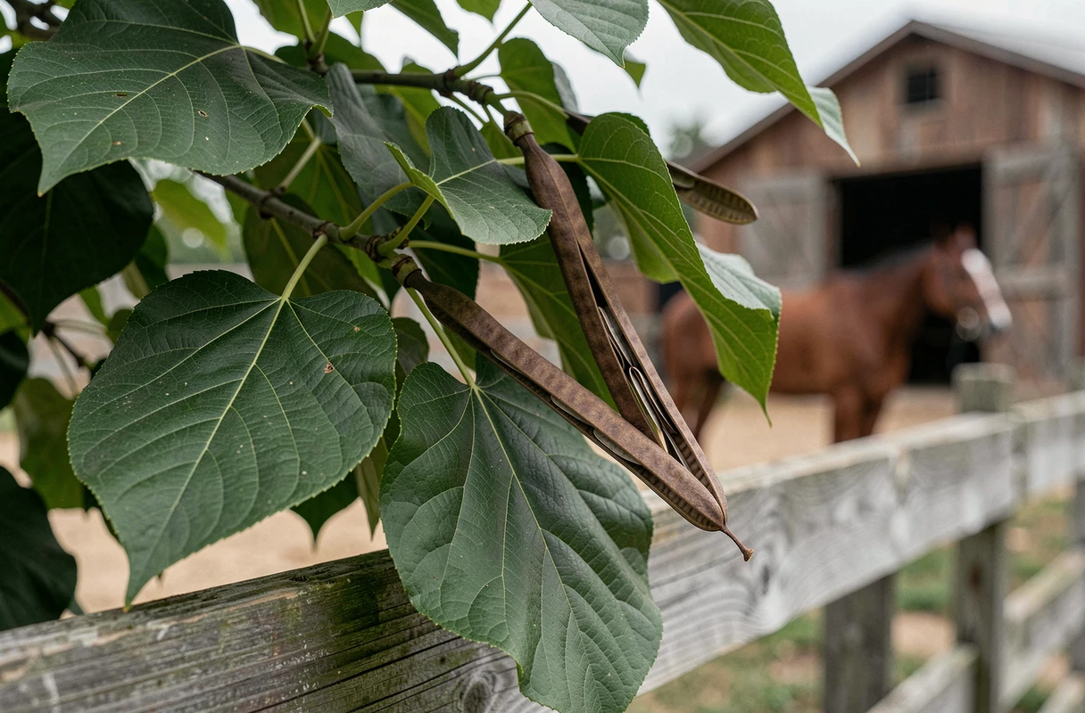 Gros plan sur les feuilles et gousses caractéristiques du catalpa, plante toxique pour les chevaux, près d'une clôture de haras