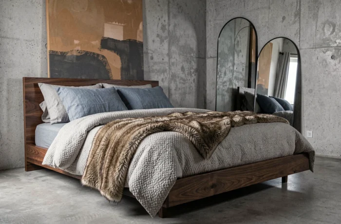 Chambre contemporaine avec tête de lit en noyer fumé, parure en boucle de coton et mur en béton brut pour une déco tendance