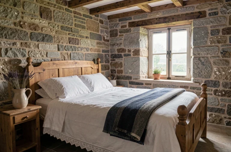 Chambre d'hôtes authentique en Bretagne avec murs en pierre apparente, poutres en bois et linge blanc brodé