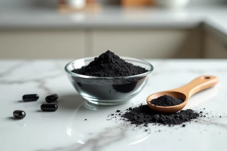 Bol en verre contenant de la poudre de charbon actif noir avec des gélules sur un plan de travail en marbre blanc