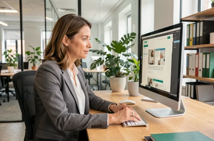 Cheffe de PME analysant une maquette de site web sur-mesure dans un bureau professionnel moderne