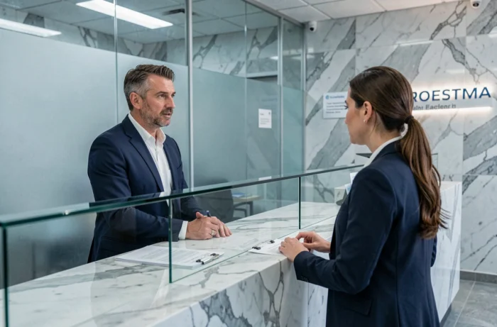 Client discutant avec un conseiller bancaire au guichet d'une agence bancaire professionnelle