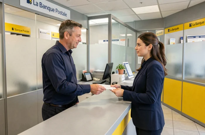 Client discutant d'un prélèvement assurance IARD avec un conseiller à l'agence Banque Postale