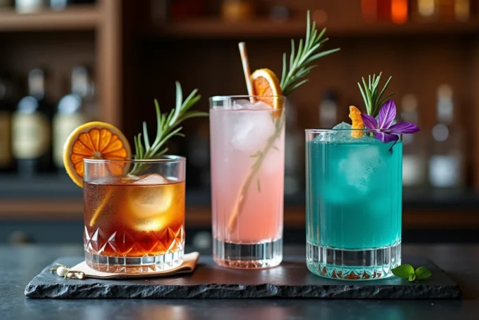 Trois cocktails artisanaux présentés sur un comptoir en ardoise dans un bar à cocktails haut de gamme à Lille