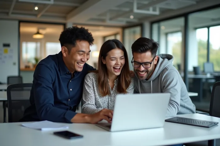 Équipe de collègues discutant d'une nouvelle tendance virale sur les réseaux sociaux dans un bureau moderne