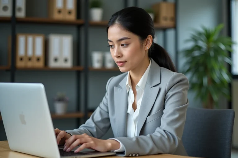 Femme connectée à une messagerie webmail académique sur ordinateur portable dans un bureau professionnel