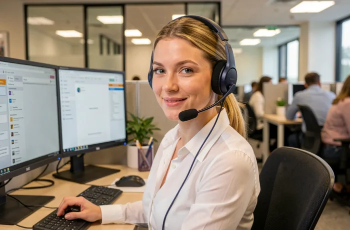 Conseillère du service client Orange portant un casque téléphonique dans un centre d'appels professionnel