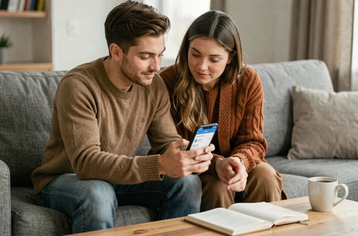 Couple consultant une application bancaire sur smartphone pour gérer leur budget commun à domicile
