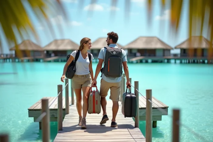 Couple arrivant sur une île tropicale depuis un ponton en bois lors d'un voyage organisé aux Maldives