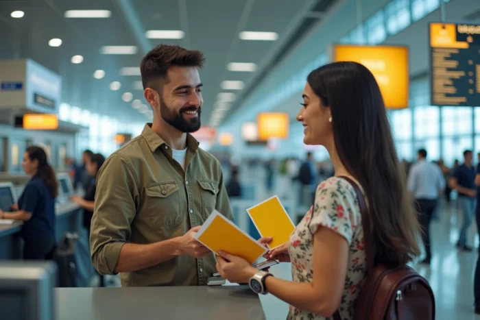 Couple présentant leur carnet de vaccination fièvre jaune à l'enregistrement d'un aéroport international