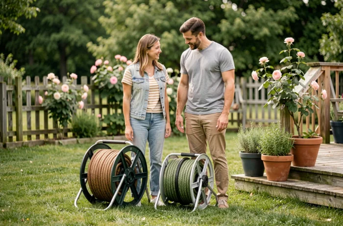 Couple comparant des enrouleurs de tuyau d'arrosage dans leur jardin extérieur aménagé