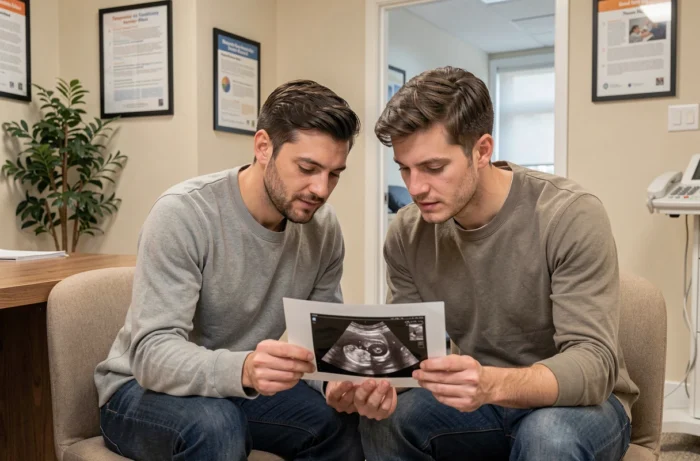 Couple de futurs parents consultant une image d'échographie à 5 semaines dans une salle de consultation médicale chaleureuse