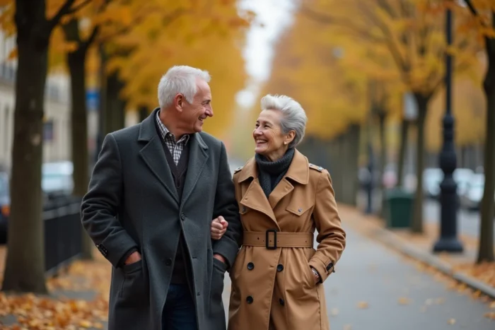 Couple complice se promenant sur un boulevard parisien en automne, illustrant la vie sentimentale d'un journaliste connu