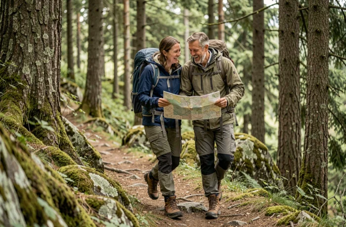 Couple en randonnée dans une forêt de pins consultant une carte de sentier lors d'une escapade en plein air