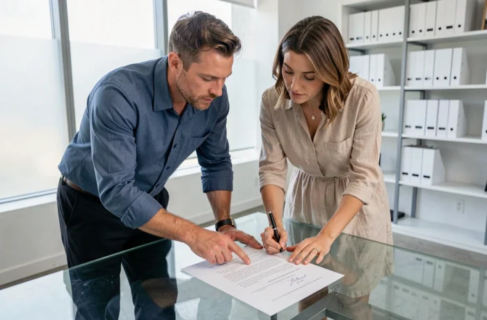 Couple examinant et signant un acte de vente immobilier dans un bureau de notaire contemporain