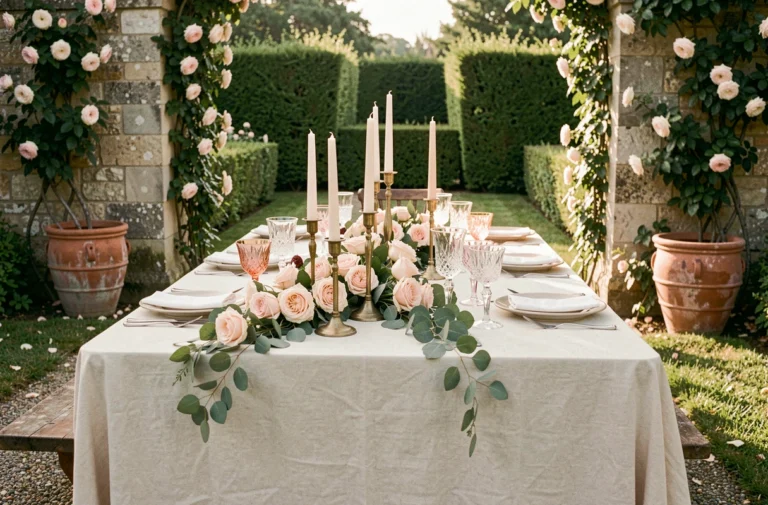 Table de mariage romantique dressée dans un jardin français avec roses, bougies et verrerie en cristal