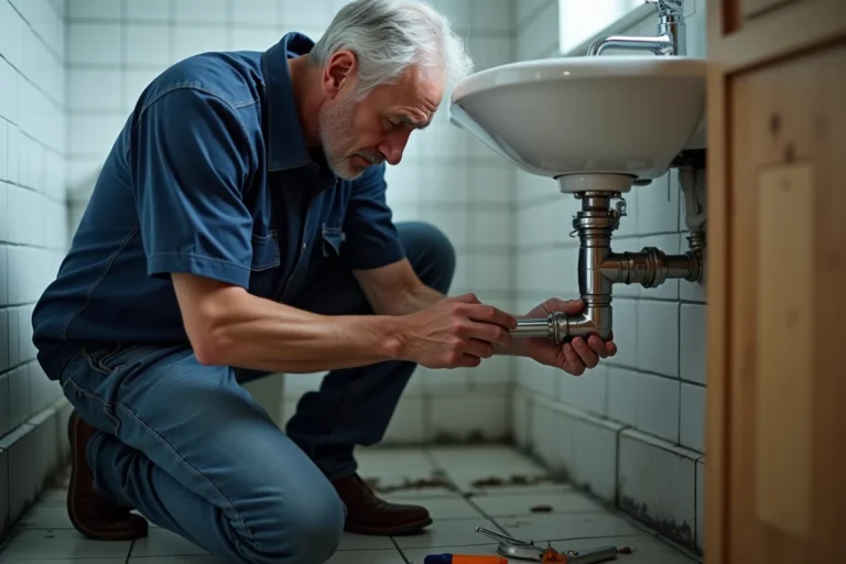 Plombier vissant un raccord de tuyauterie sous un lavabo de salle de bain dans le sens antihoraire
