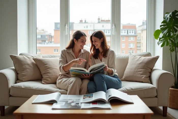 Deux femmes découvrant ensemble les pages d'un magazine dans un salon scandinave lumineux