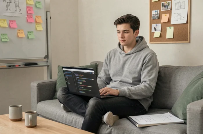 Développeur web créant une solution numérique sur-mesure pour une PME dans un studio créatif