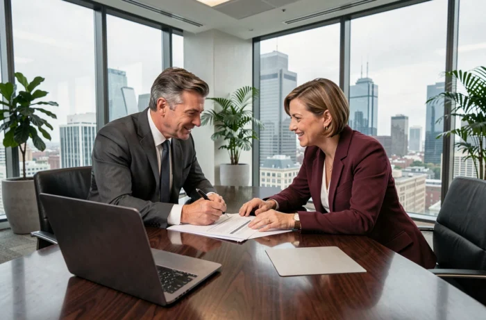 Deux dirigeants d'entreprise B2B discutant des nouveautés et actualités du secteur autour d'une table de conférence