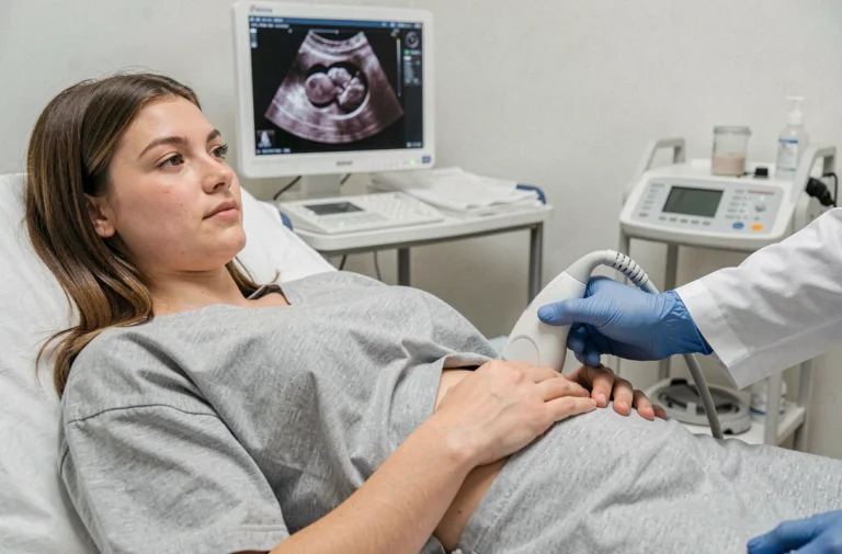 Jeune femme allongée sur une table d'examen lors d'une échographie précoce à 5 semaines d'aménorrhée dans une salle médicale