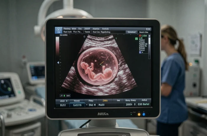 Écran d'échographie affichant un sac gestationnel au stade précoce de 5 semaines de grossesse avec mesures médicales