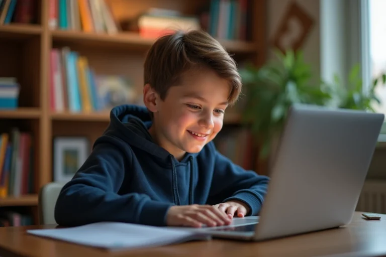 Enfant concentré qui suit un cours de soutien scolaire en ligne sur un ordinateur portable à son bureau à la maison