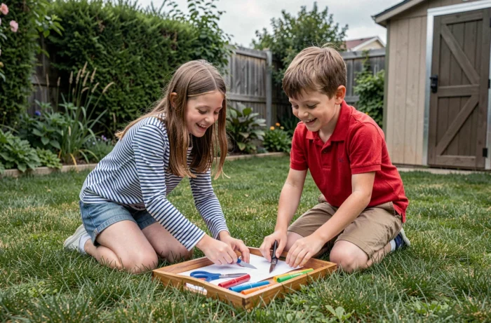 Deux enfants faisant des activités créatives en plein air dans un jardin avec du matériel de bricolage